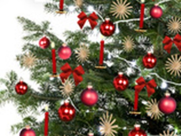 Alle Produkte Christbaumschmuck, Geschmückter Christbaum, Weihnachtsbaum mit Strosternen Lichterkette und Weihnachtsbaumkerzen in Rot, und Roten Weihnachtsbaumglaskugeln