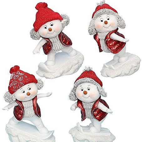 Weihnachtliche Figuren, Schneemann figuren mit Roten Jacken Und Mütze auf Snowbord oder ski