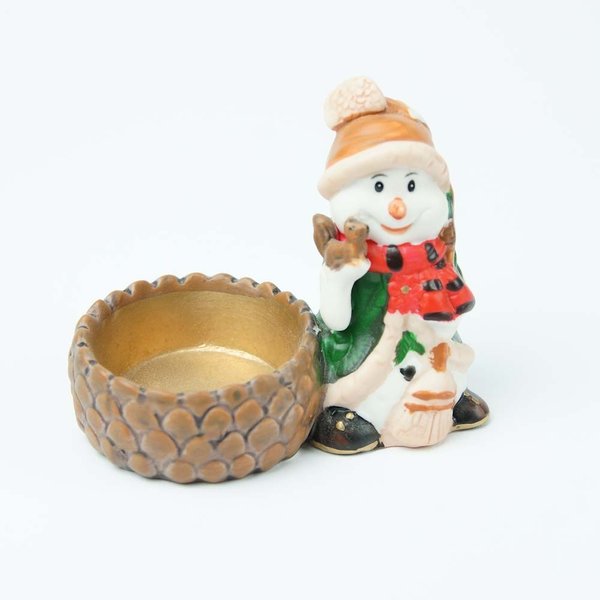 Dekofigur Keramik Schneemann mit Teelichthalter Eichhörnchen