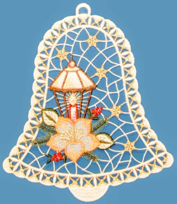 Plauener Spitze Fensterbild Glocke mit Kerze 20cm Stickerei