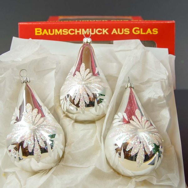 Tropfen Thüringen Baumschmuck Glas Silber weiß Handdekoriert