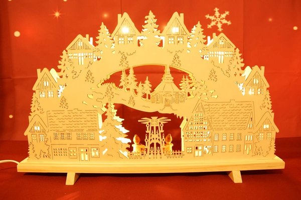 Schwibbogen Seiffener Kirche mit Weihnachtspyramide 2 Winterkinder Figuren 10 Lichter