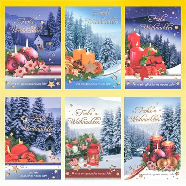 6 Set Weihnachtskarten Winterlandschaft und Kerzen mit Umschlag