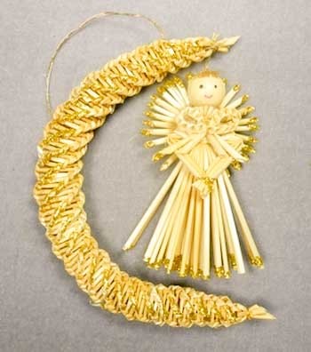 Stroh Engel mit Mond 11cm Gold handgeflochten