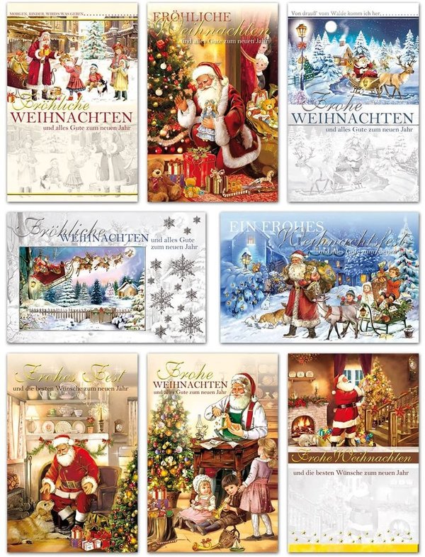 100er Set 8 Motive Weihnachtskarten mit Umschlag - Weihnachtmann